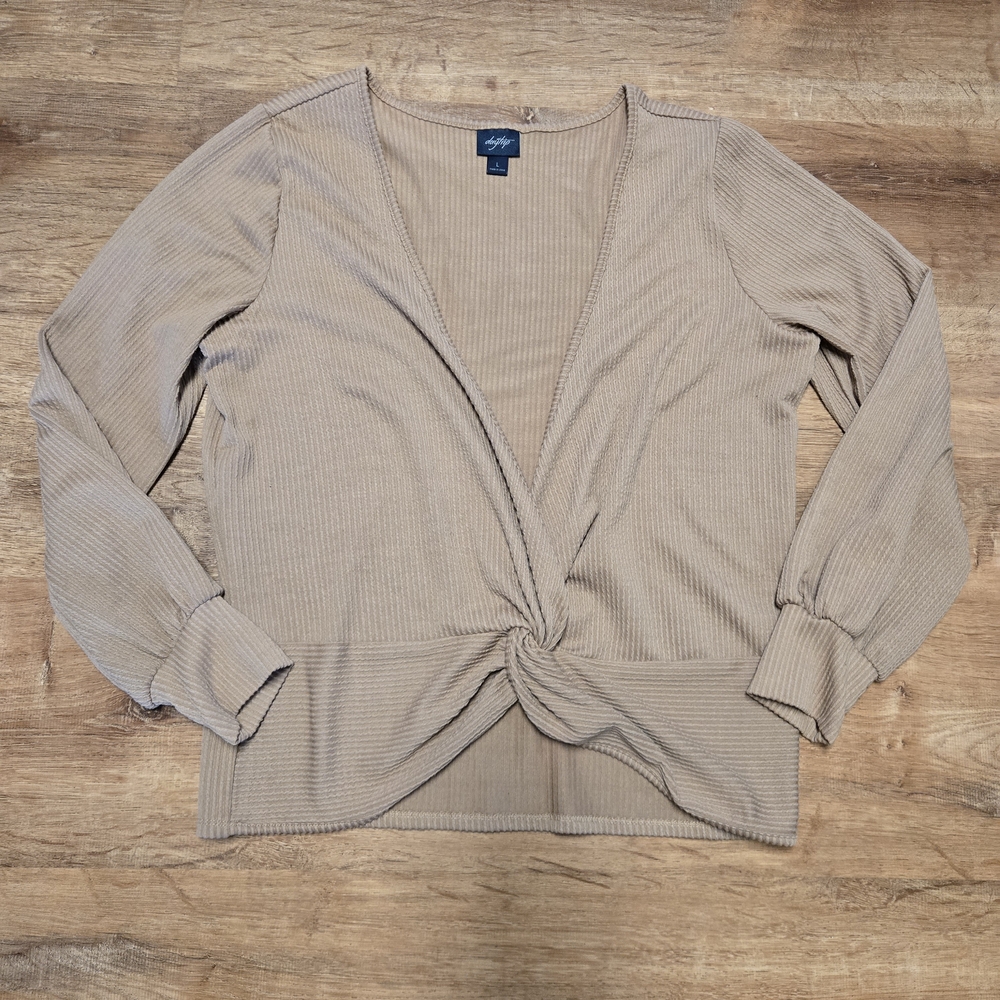 Daytrip Tan Knotted Long Sleeve Rib Knit Blouse Large